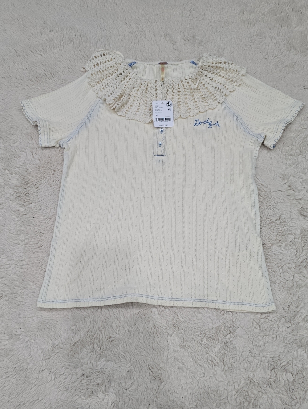 Free People Cream Short-Sleeve Crochet Collar Ribbed Top